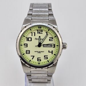 Armitron Men Watch 40MM Green Yellow Dial Day Date Gray Bracelet 7" New Battery